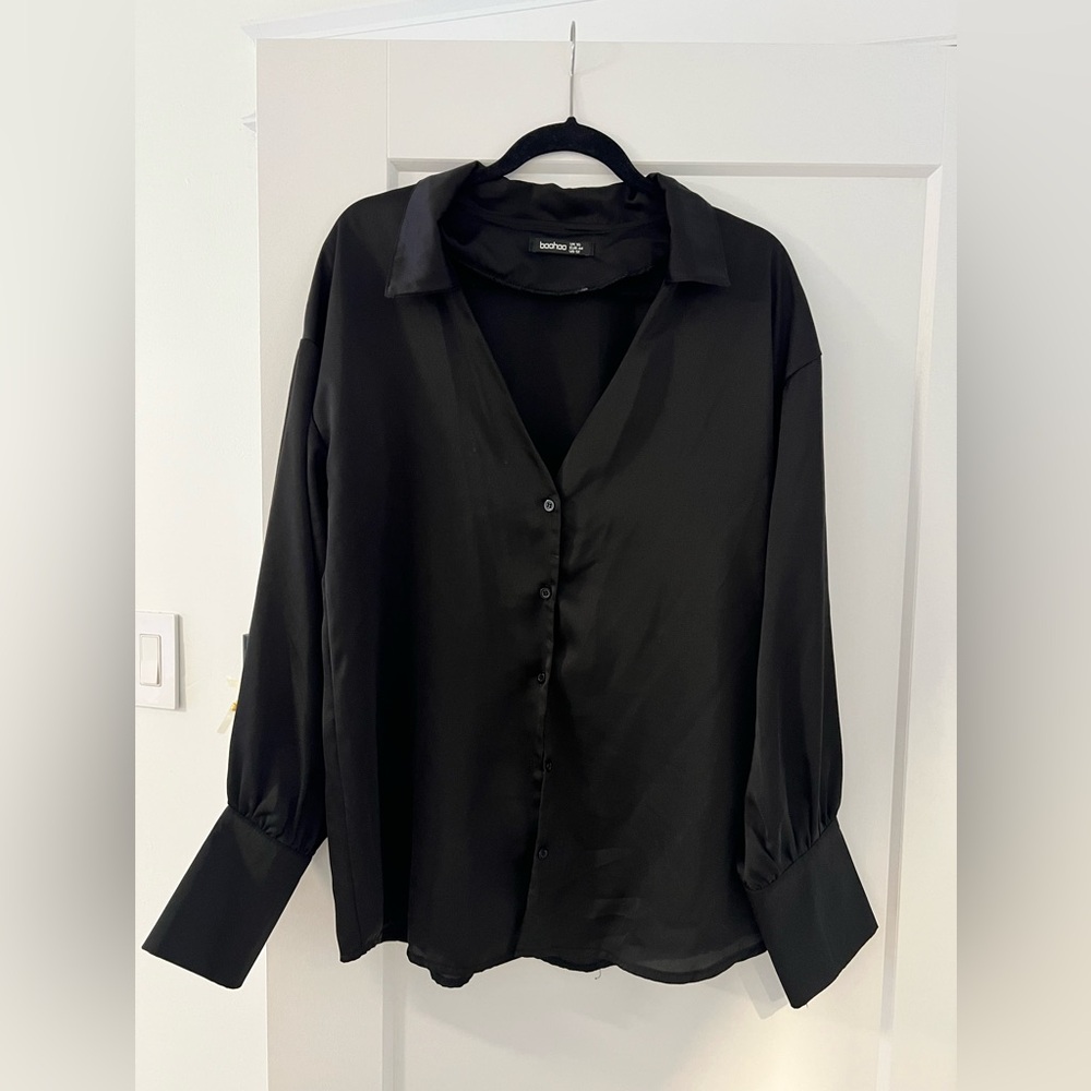 Boohoo Black Satin Button-Up Shirt